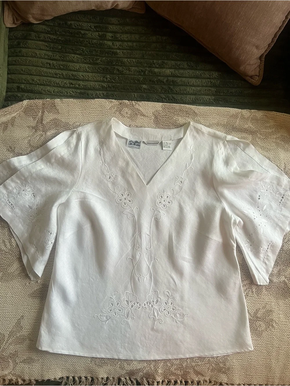 Irish Linen Embroidered Blouse XL White - Picture 8 of 9
